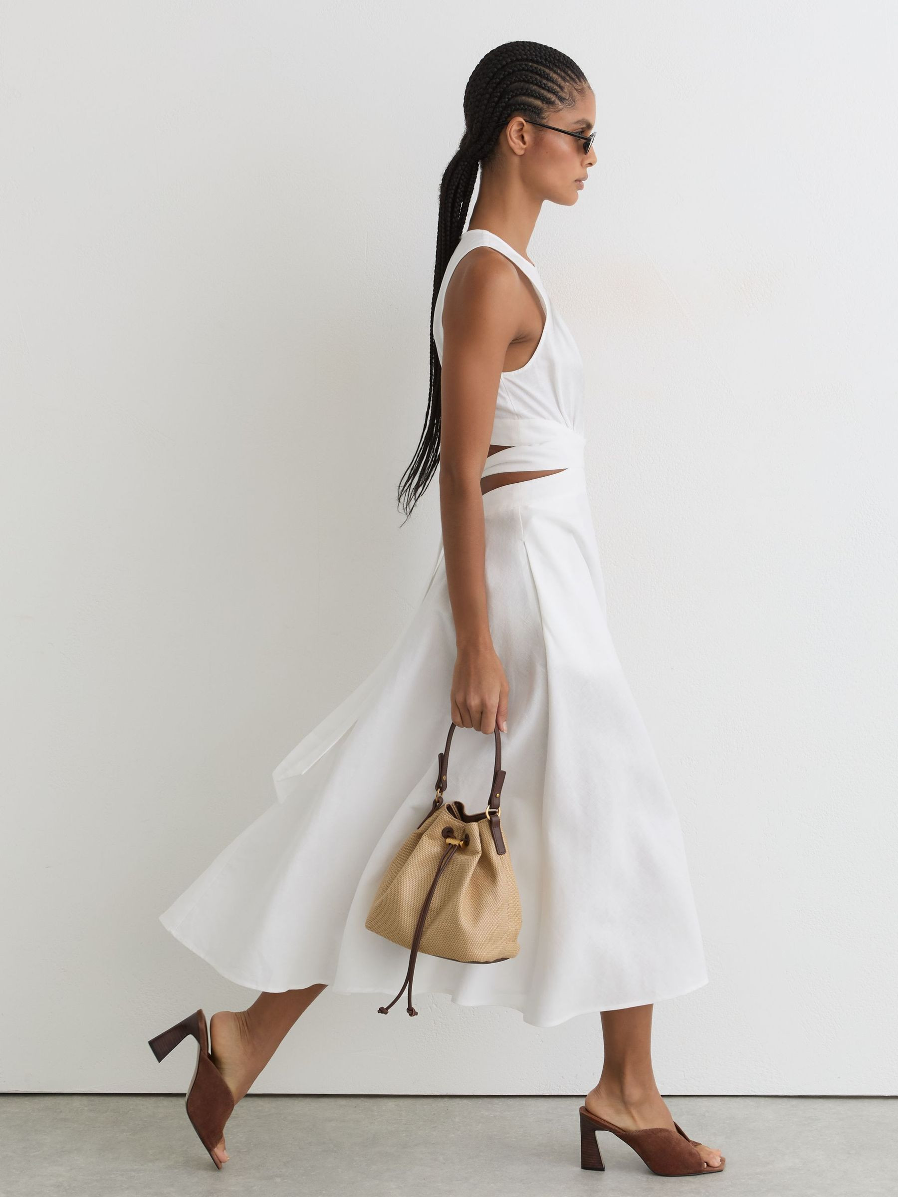Petite Linen-Cotton Cut-Out Midi Dress in Ivory | Reiss UK