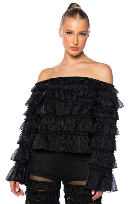 SAMIRA OFF THE SHOULDER RUFFLE BLOUSE IN BLACK | AKIRA