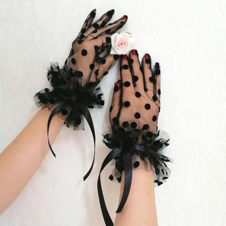 Sheer Black Polka Dot Gloves Elegant Mesh Evening Gloves With Ruffles Vintage Tulle Gloves for Wo... | Etsy (Global)
