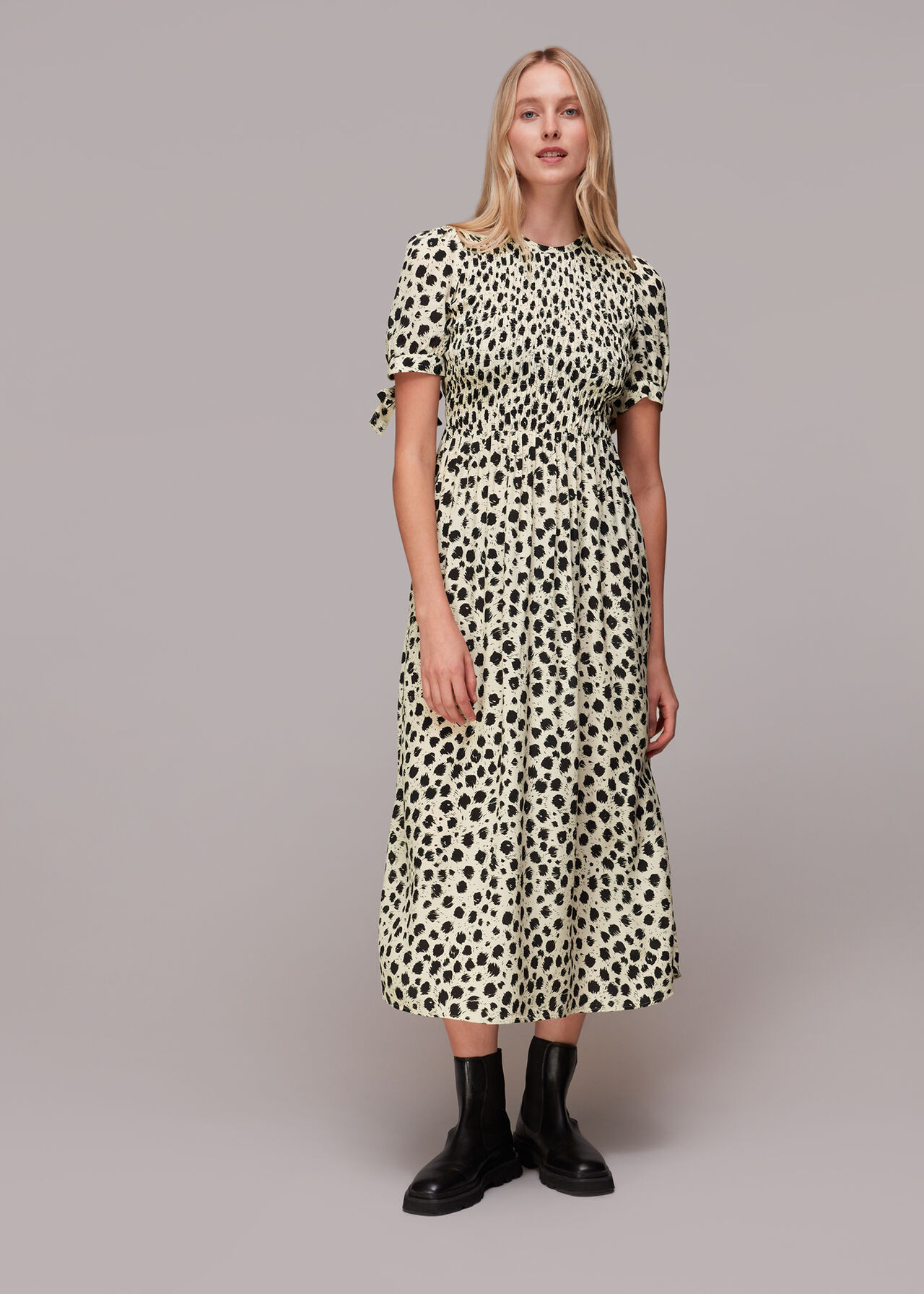 Black/White Dalmatian Shirred Midi Dress | WHISTLES | Whistles | Whistles