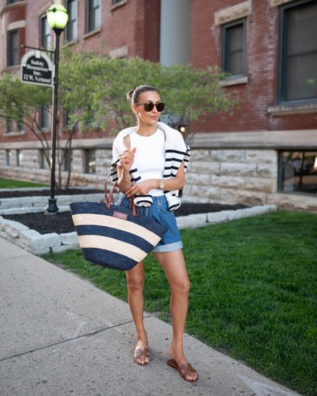 Stripes and springtime vibes 💙🤍 comment STRIPES for links in your DM. 

XS on shorts and tank, sized up to small on the sweater for a slouchy look bag makes the best Mother’s Day gift! 

#LTKitbag #LTKstyletip #LTKGiftGuide