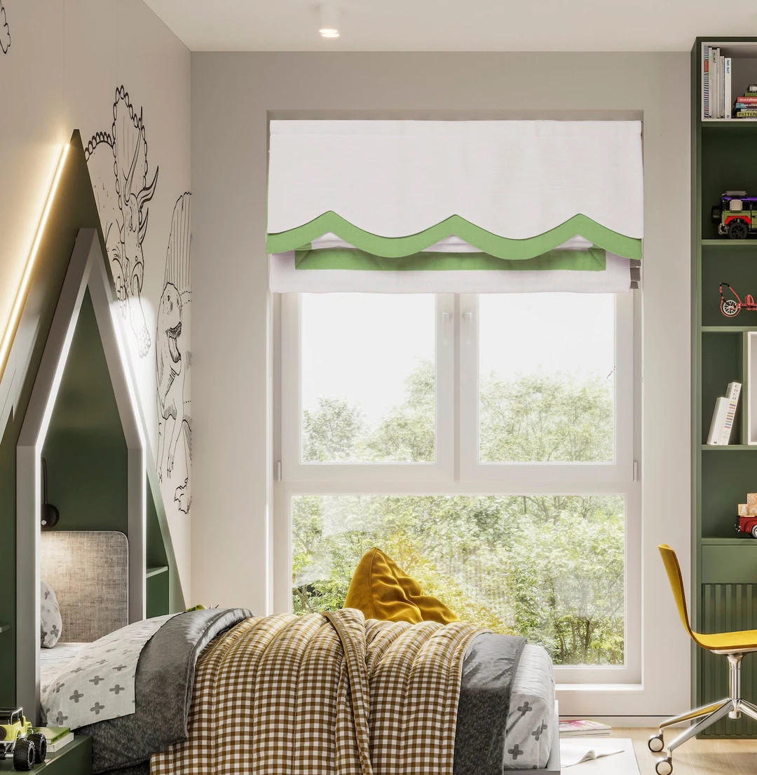 Nursery Room Custom Roman Shades, Flat Fold Scallops Fabric Shades, Linen Blend Baby Boys Baby Gi... | Etsy (US)