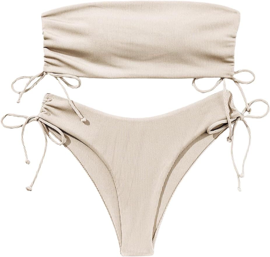 MakeMeChic Women's 2 Piece Bandeau Swimsuits Ribbed Tie Side Lace Up Strapless Bandeau Bikini Set | Amazon (US)