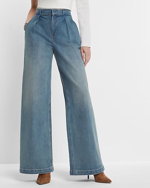 Super High Waisted Baggy Pleated Wide Leg Jeans | Express