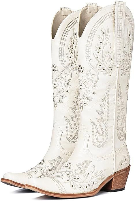 Western Cowboy Boots for Women Embroidered Distressed Studded Knee High Cowgirl Boots Mid Calf Po... | Amazon (US)