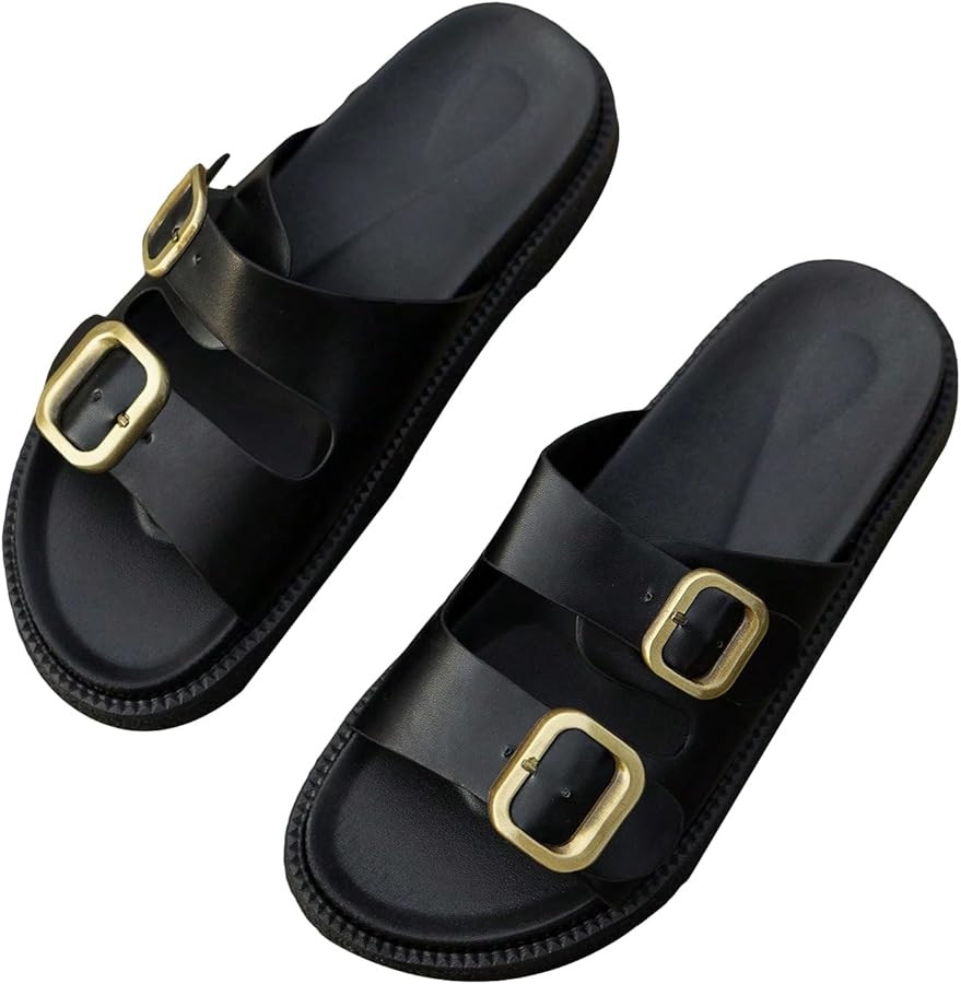OYOANGLE Women's Adjustable Double Buckle Open Toe Footbed Sandals Comfortable Outdoor Platform S... | Amazon (US)