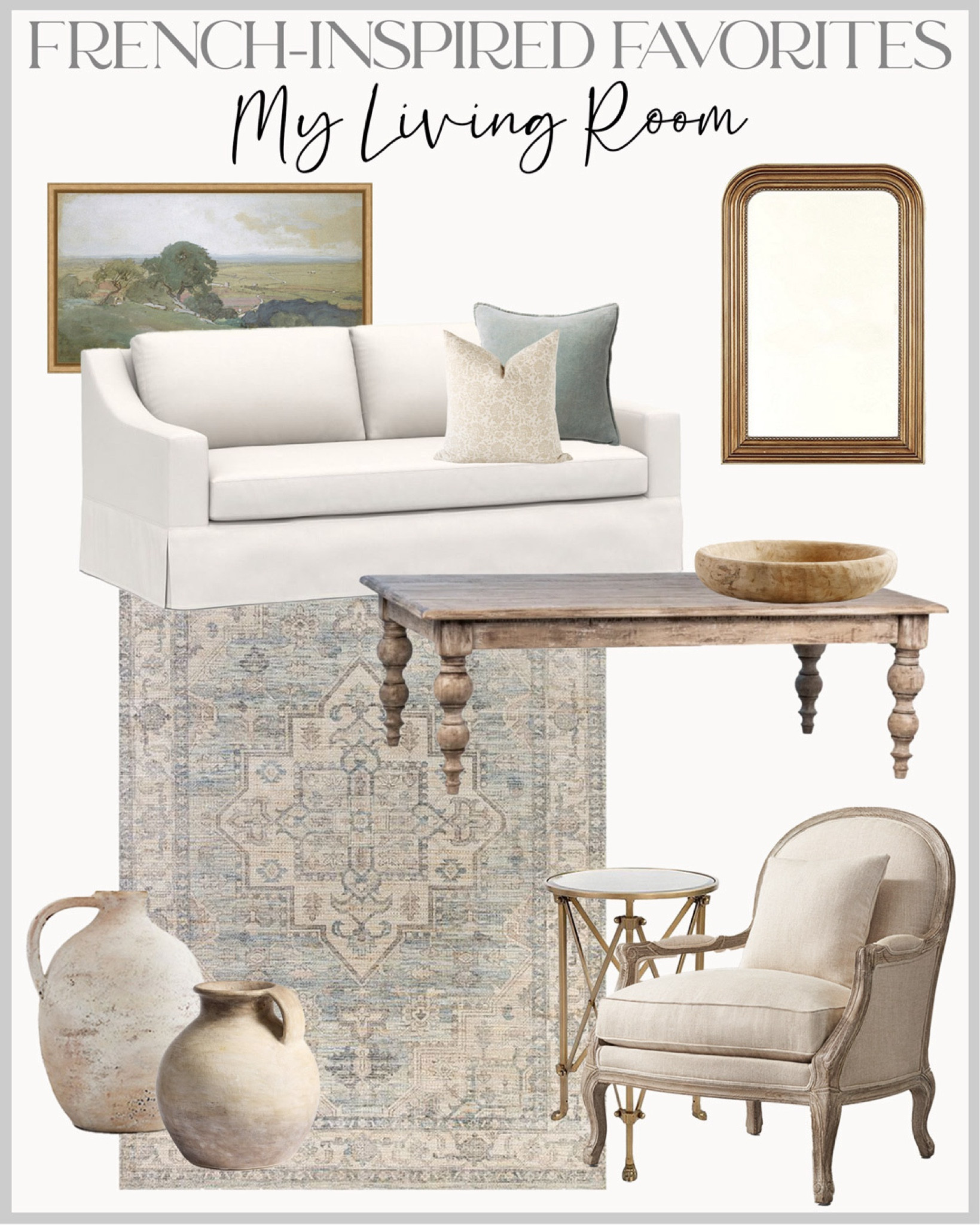 Favorites from our living room!
French country, French farmhouse, home decor, area rug, sofa, coffeetable, chair, mirror, artwork 

#LTKFindsUnder100 #LTKHome
