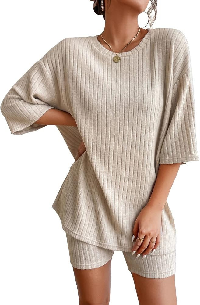 WDIRARA Women's 2 Piece Outfits Ribbed Short Sleeve Drop Shoulder Tee And Shorts Set | Amazon (US)