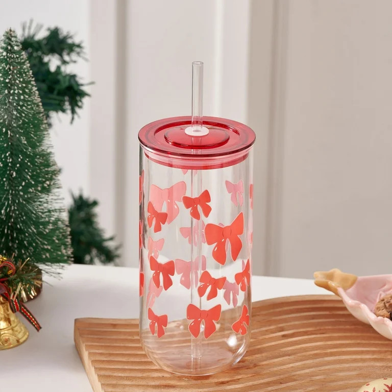 Bows Can Sipper Glass with Lid 20 OZ Holiday Time | Walmart (US)