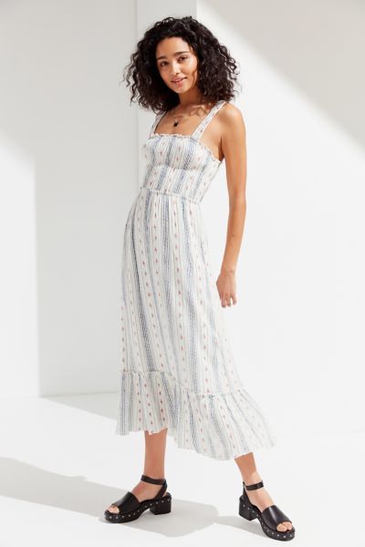 UO Ophelia Ruffle Hem Midi Dress - Beige XS at Urban Outfitters | Urban Outfitters (US and RoW)