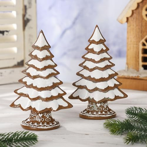 Geelin 2 Set Gingerbread Christmas Decor Resin Gingerbread Tree Figurines Christmas Table Decorations for Tabletop Centerpiece Home Mantel Collectible Gifts, 7.09" x 3.94" x 2.36"(Snow Frosting) | Amazon (US)