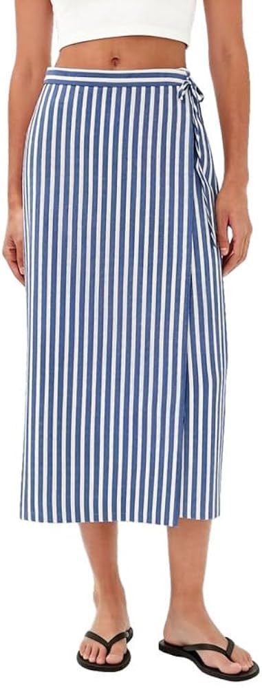 Women Striped Wrap Midi Skirt Cotton Linen High Waist Tie Waist Split Long Skirt for Summer Beach... | Amazon (US)