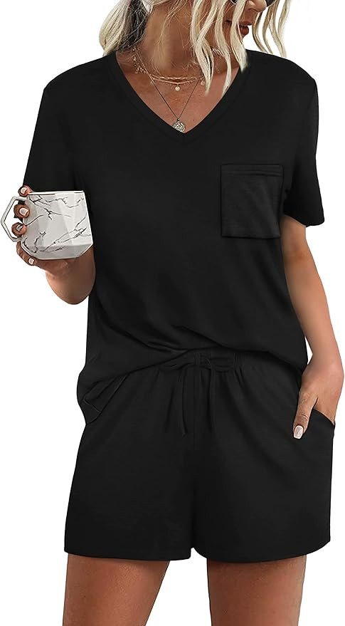 RUBZOOF Women's Short Sleeve Pajama Sets with Pockets Casual V Neck 2 Piece Lounge Sets S-3XL | Amazon (US)