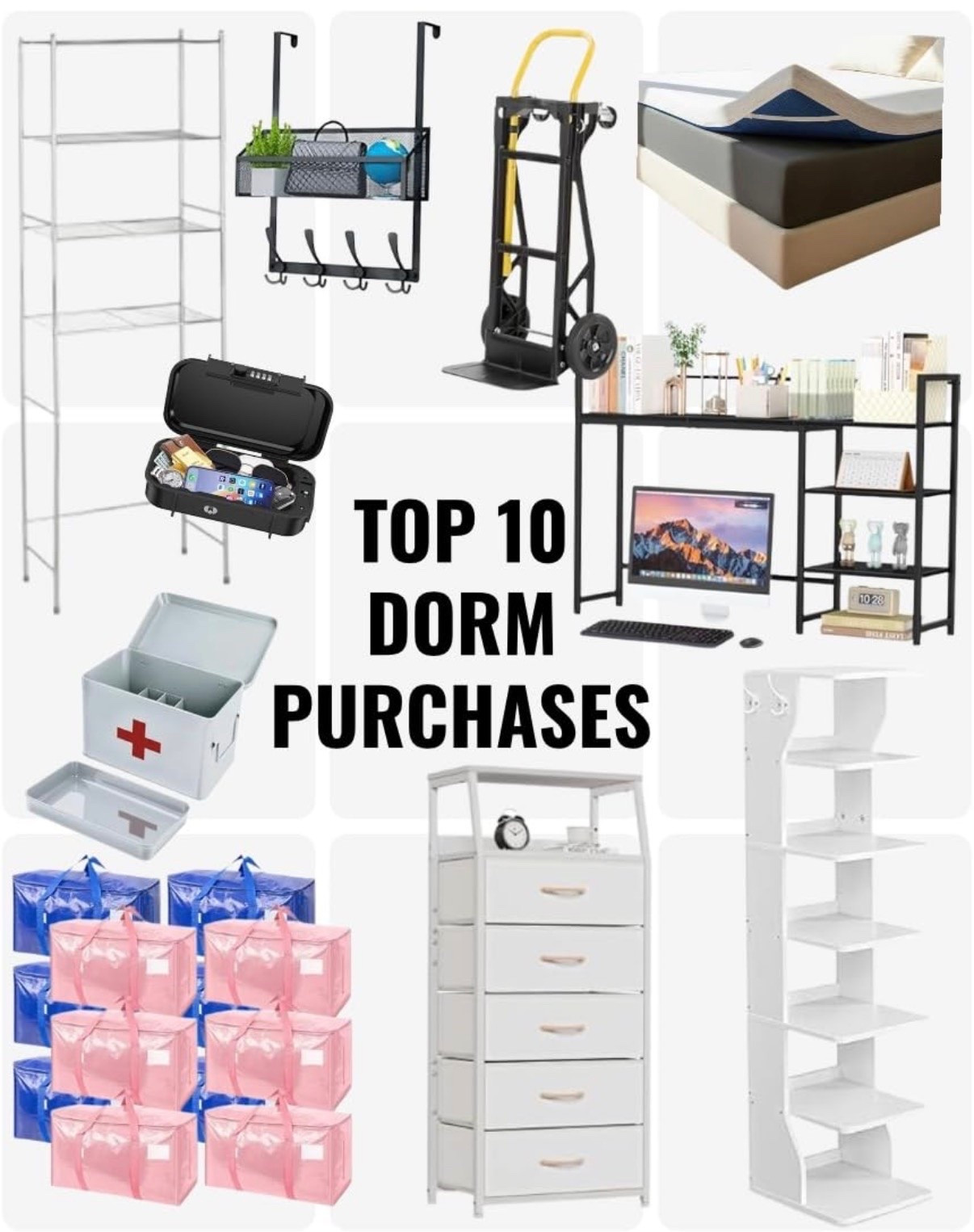 Top dorm purchases that help maximize storage, organization, and functionality in small dorm rooms. Space-saving shelving units, desktop organizer shelves, narrow drawer towers, over-the-door storage hooks, mattress toppers, folding hand trucks, lockboxes, first aid kits, and large moving bags for move-in and move-out. Practical dorm essentials that help keep rooms organized, add extra storage, and make college living more functional and comfortable.

#LTKU