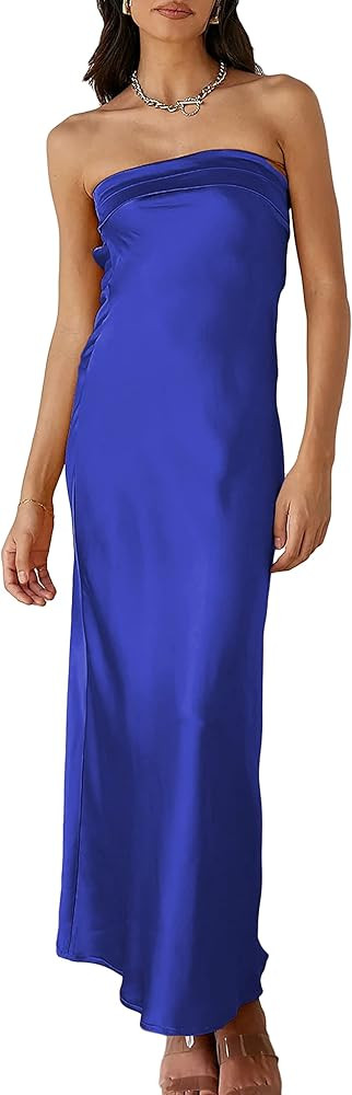 Realtix Satin Silk Backless Tube Tops Maxi Dress for Women Low Back Hollow Out Elegant Strapless ... | Amazon (US)