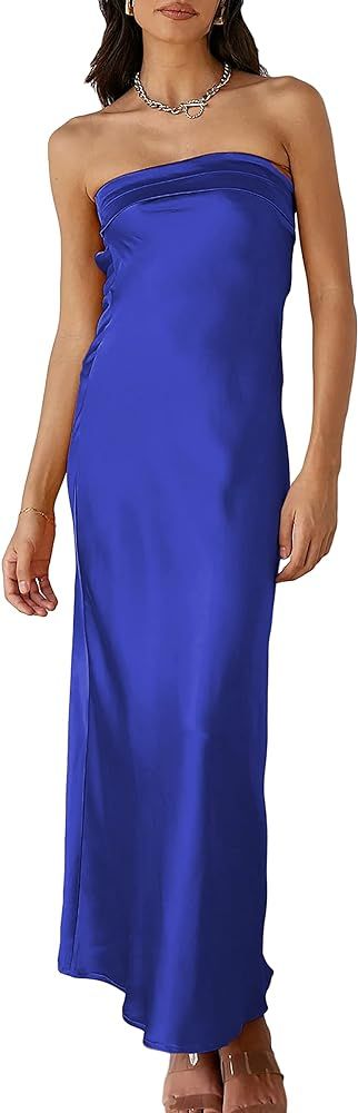 Realtix Satin Silk Backless Tube Tops Maxi Dress for Women Low Back Hollow Out Elegant Strapless ... | Amazon (US)