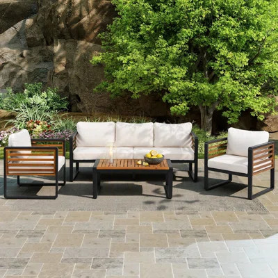 5 - Person Acacia Wood Outdoor Patio Conversation Sofa Set With Coffee Table & Washable Thick Cushions | Wayfair North America