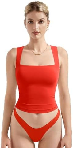 SUUKSESS Women Double Lined Square Neck Crop Tank Top Sleeveless Basic Y2k Tops | Amazon (US)