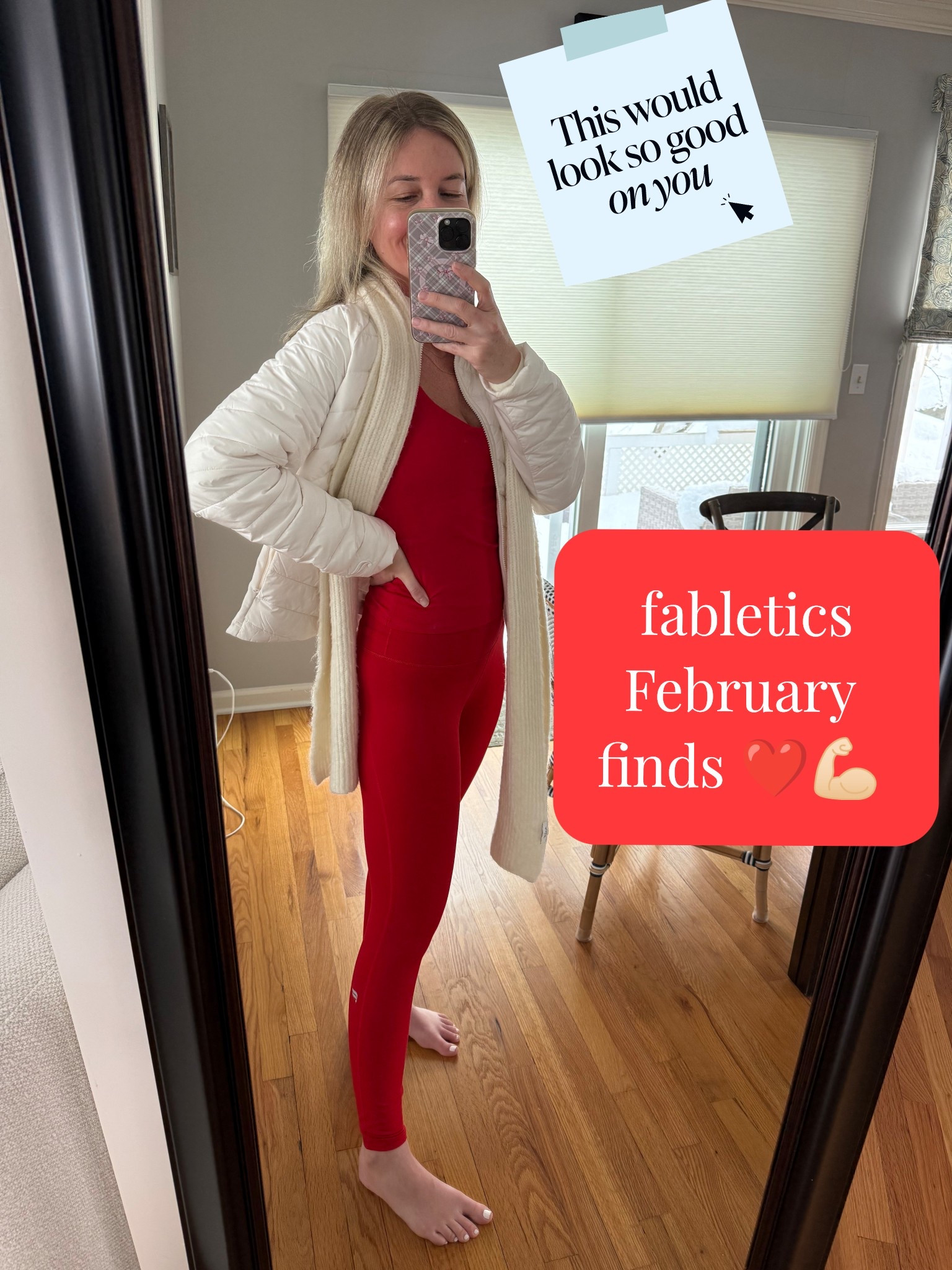 February fabletics red tank and leggings, layered with this light white puffy jacket! Perfect for hot yoga, Pilates or errands! #fitmom #fabletics #leggings #workoutoutfit

#LTKmomlife #LTKootd #LTKSaleAlert