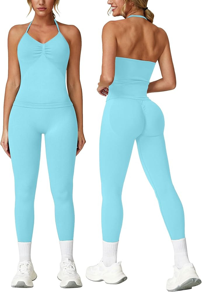 ABOCIW Workout Sets for Women Seamless Scunch Butt Lifting Impact Leggings Longline Strappy Top 2... | Amazon (US)