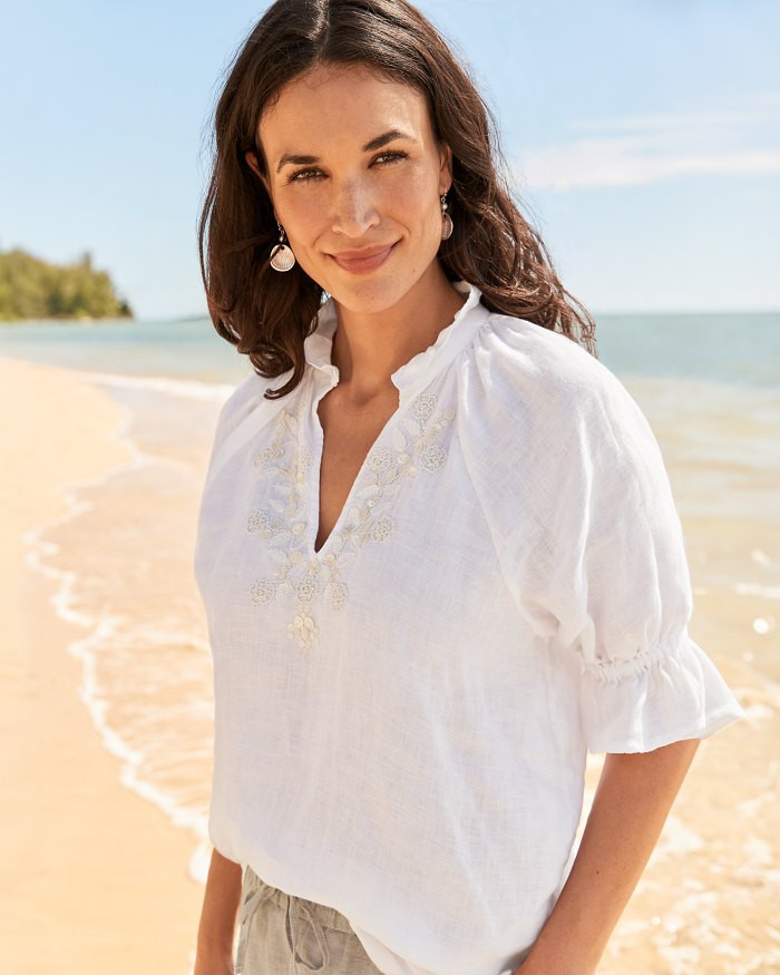 Coastalina Shell Embroidered Short-Sleeve Linen Top | Tommy Bahama