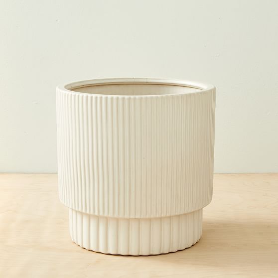 Fluted Ceramic Indoor/Outdoor Floor Planter, 12""D x 12""H, White | West Elm (US)