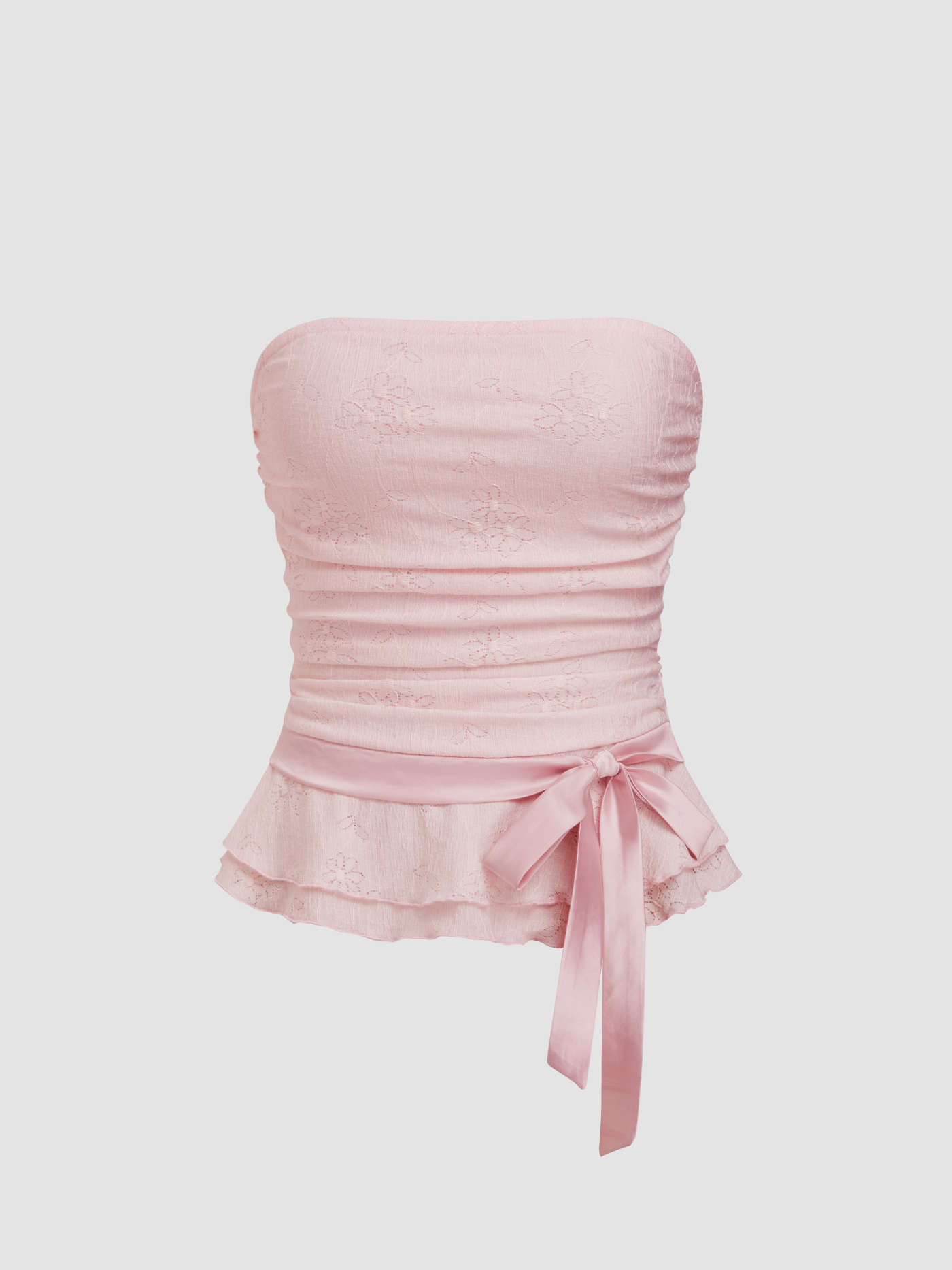 Lace Lettuce Trim Bowknot Ruched Bandeau Top | Cider