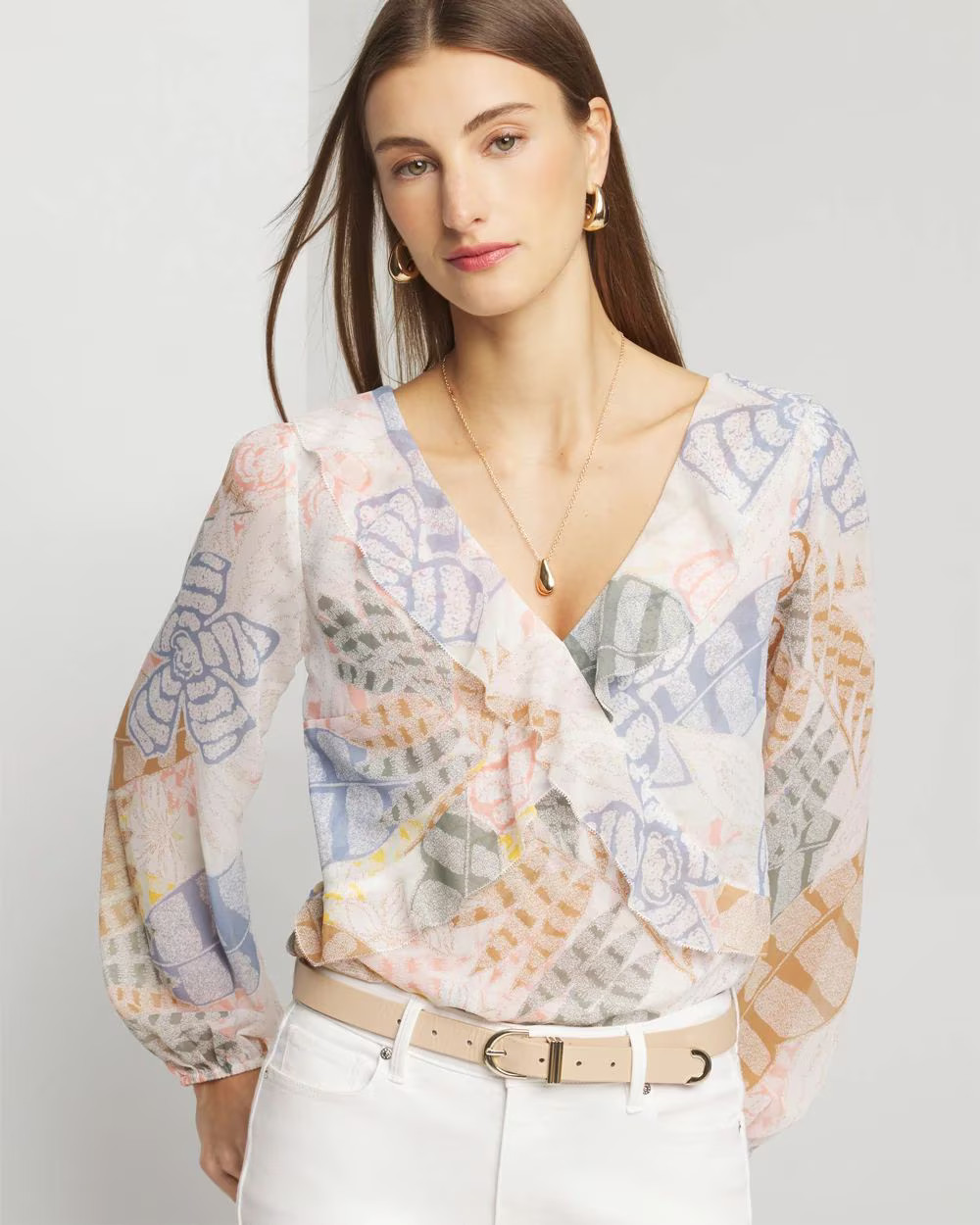 Long Sleeve V-Neck Ruffle Front Blouse | White House Black Market | White House Black Market