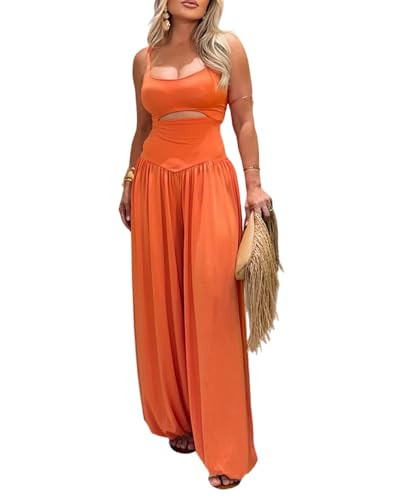 ChicMe Couture Jumpsuits for Women Sleeveless Cut-Out Waist U-Neck Backless Tie-Back Ruched High Waist Summer Romper-or-M | Amazon (US)