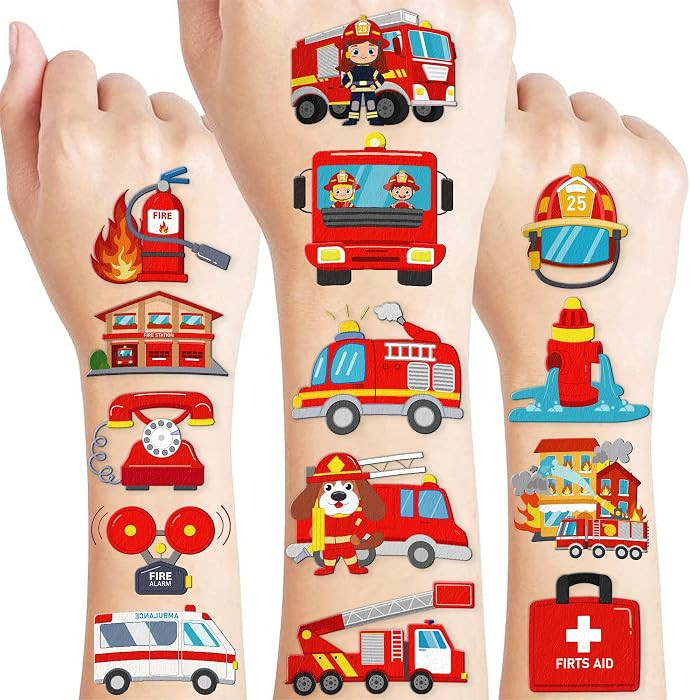 96 PCS Firefighter Firetruck Pre-Cut Temporary Tattoos for Kids | Super Cute Themed Birthday Part... | Amazon (US)