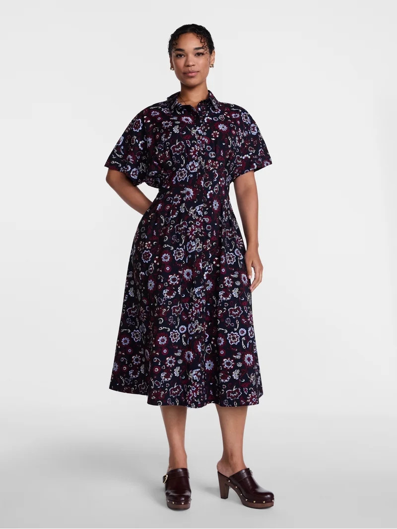 Scenario Women's and Women's Plus Pleated Waist Midi Shirtdress with Short Sleeves, Sizes XS-4X | Walmart (US)