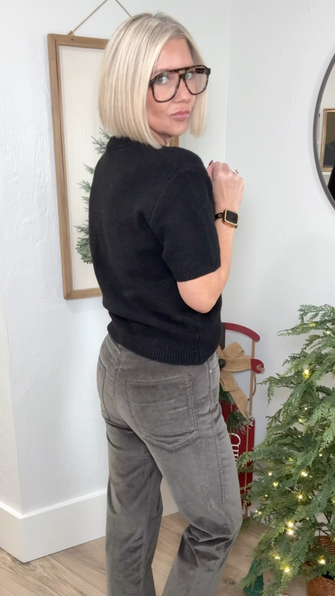 Who doesn’t love a top with a bow?! This short sleeve sweaters from Free Assembly found at Walmart. I sized down to a XS from my normal Medium. It’s also available in white. 

My velvet like pants are from Target. They’re listed as grey but they’re definitely more of a sage green in my opinion. I’m wearing an 8. 

My ballet flat sneakers are from Vivaia and run tts.

BOLDIFY hair powder, DIME perfume and more are on sale for Black Friday 

#LTKOver40 #LTKgrwm #LTKootd