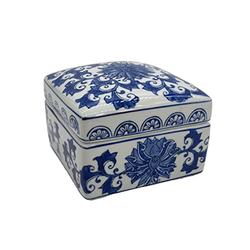 GT Direct Corp Blue & White China Lotus Floral Pattern Chinoiserie Square Ceramic Storage Box Jewelry Trinkets Organizer | Amazon (US)