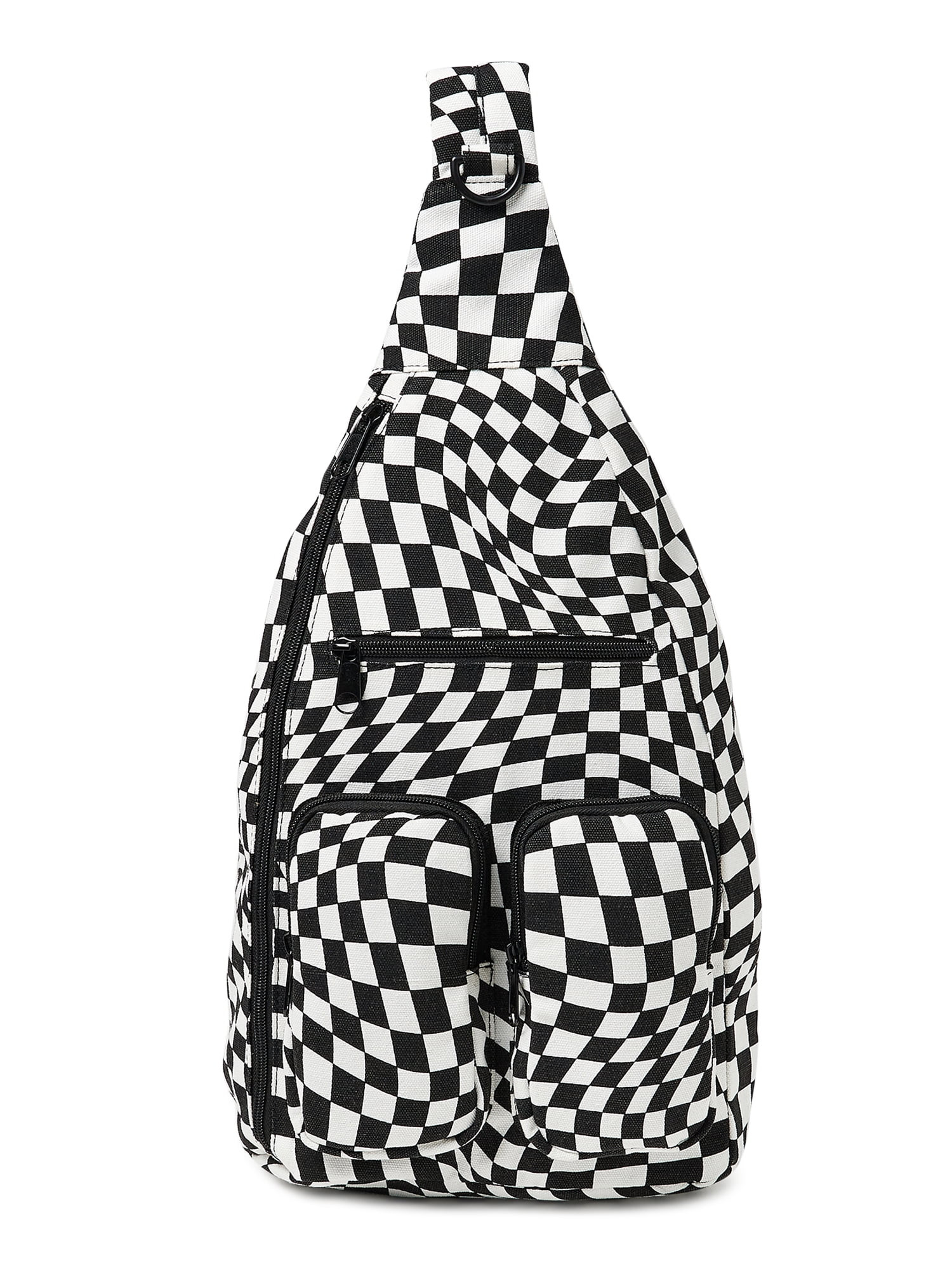 No Boundaries Women’s Hands Free Cargo Sling Bag Black White Checker Print | Walmart (US)