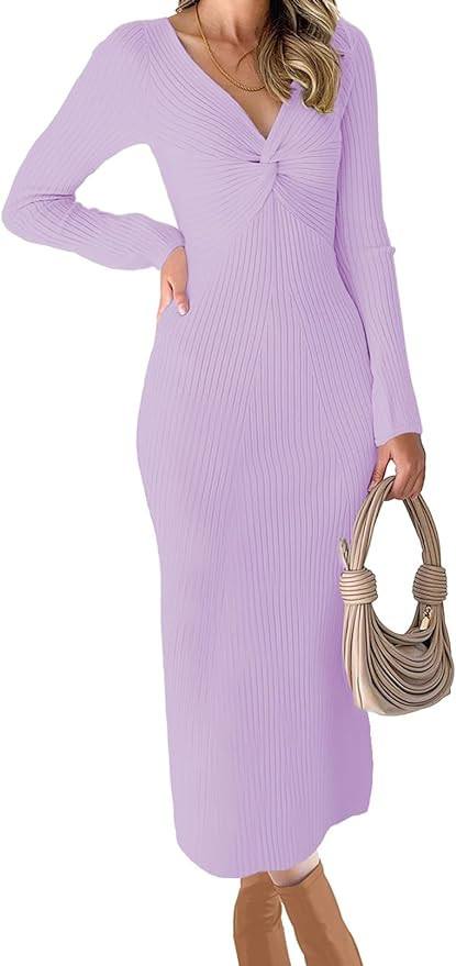 RAISECOM Womens Ribbed Knit Maxi Dresses Long Sleeve V Neck Casual Sweater Dress Bodycon Midi Dre... | Amazon (US)
