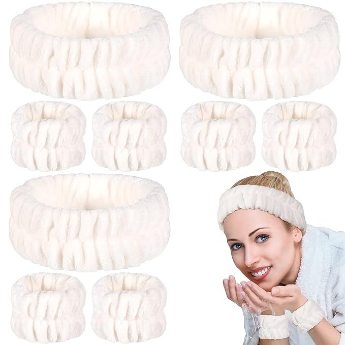 9 Pieces Spa Headband Wrist Washband Set, 3 Pieces Coral Fleece Facial Makeup Headband High Elast... | Amazon (US)