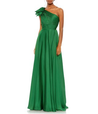 Chiffon Pleated Asymmetrical Neck Shoulder Ruffle Cap Sleeve Thigh High Slit Gown | Dillard's
