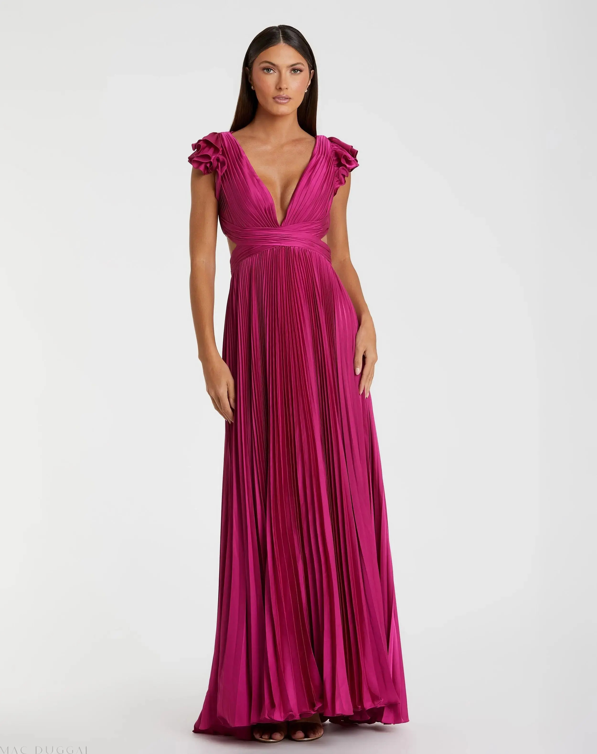 Ieena for Mac Duggal - Fuchsia Pleated Ruffled Cap Sleeve Cut Out Lace Up Gown - FINAL SALE - US 0 | Mac Duggal