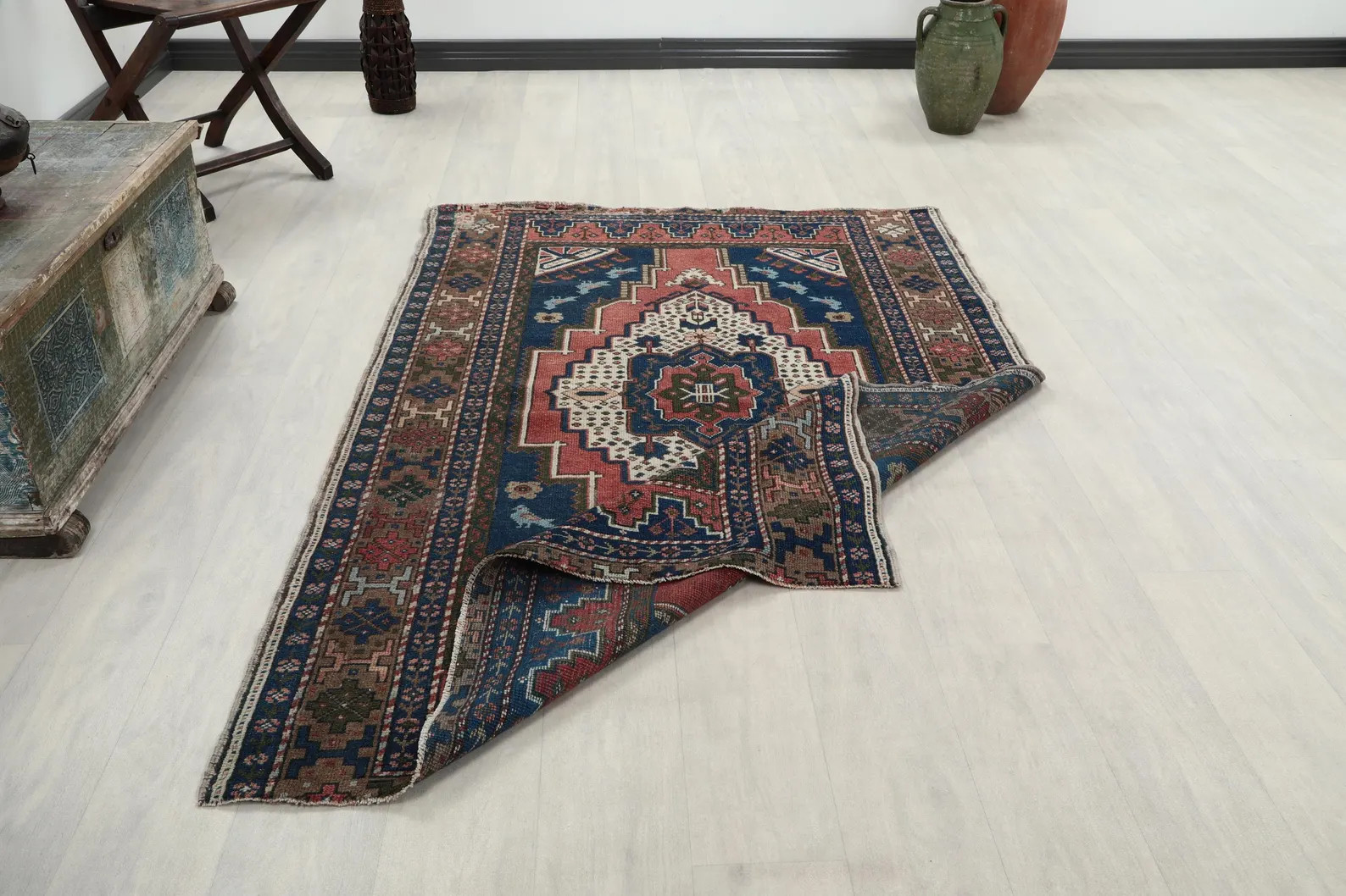 4x6 Blue Red Brown Handmade Turkish Rug, Natural Wool Rug, 4x6 Vintage Oushak Runner, Kitchen, Ha... | Etsy (US)