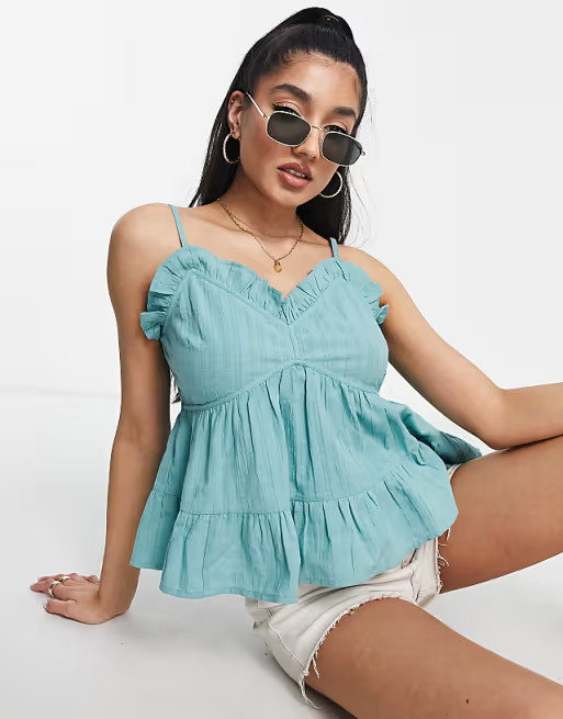 ASOS DESIGN textured smock sun top with ruffle detail in sage | ASOS (Global)