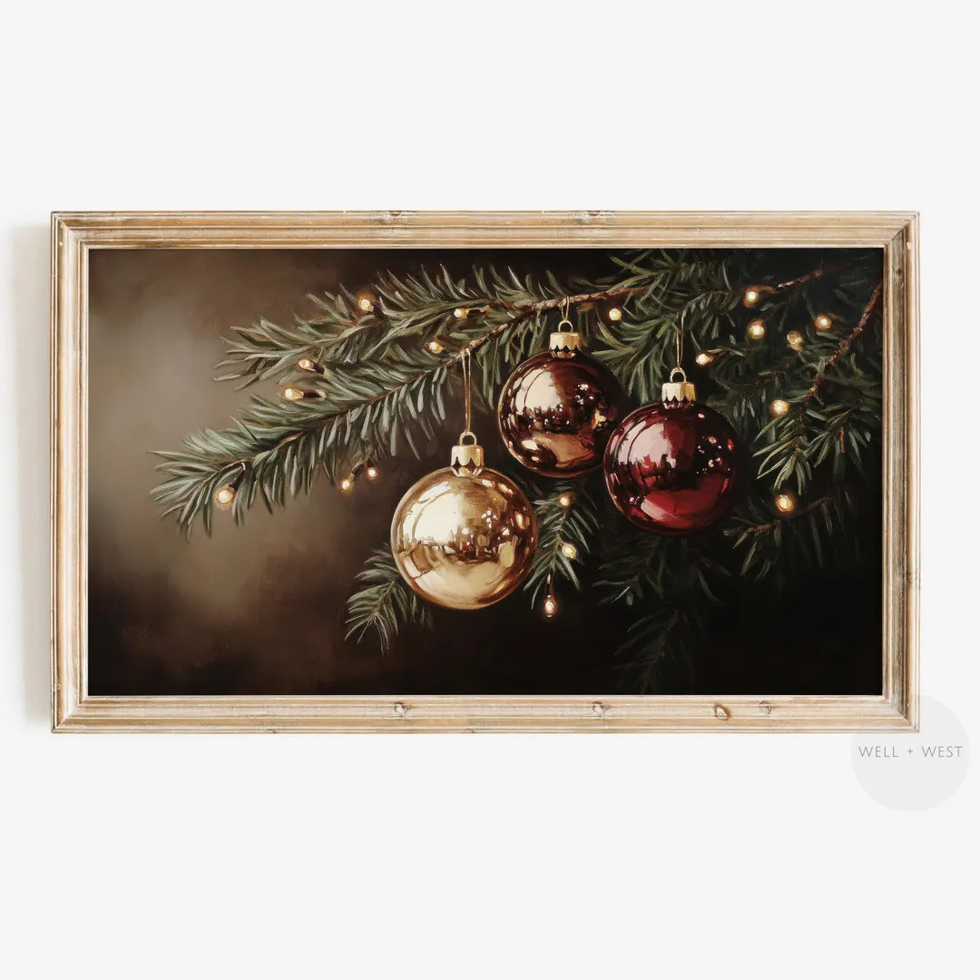 Christmas Frame TV Art | Tree Ornaments Oil Painting | Moody Vintage Holiday Decor | Christmas Tr... | Etsy (US)