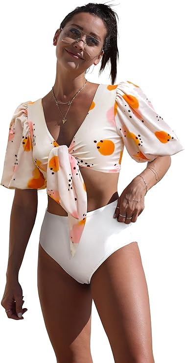 SPORLIKE Women High Waisted Swimsuit Bubble Sleeves Bikini Padded Swimwear | Amazon (US)