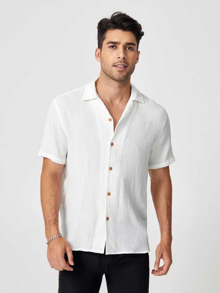Manfinity Basics Men Cotton Solid Textured Button Front Shirt | SHEIN