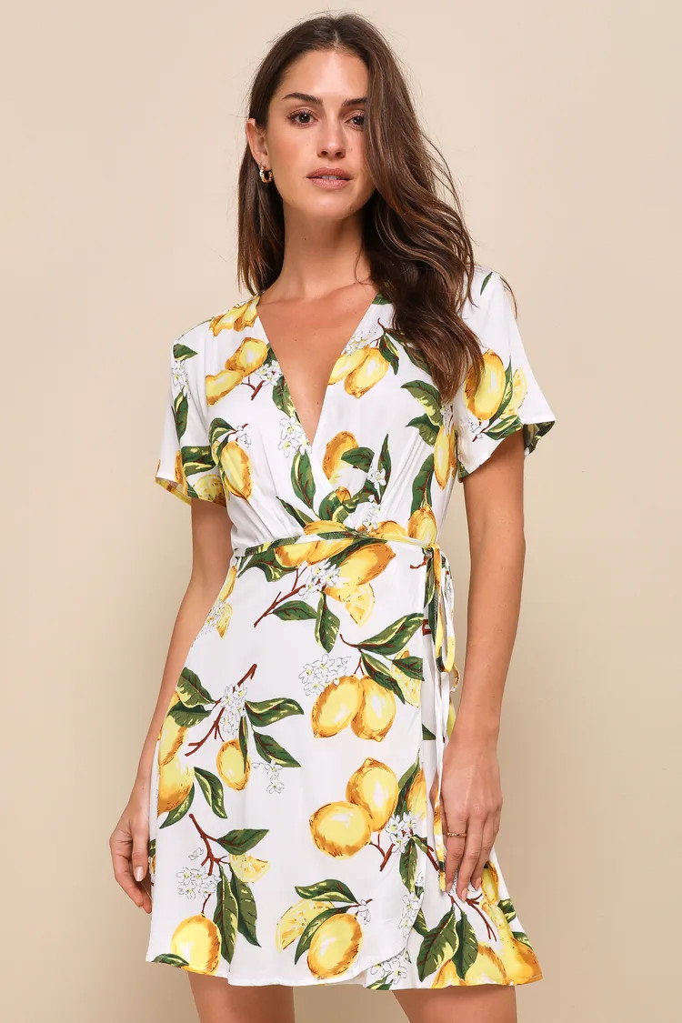 A La Tart White and Yellow Lemon Print Wrap Dress | Lulus