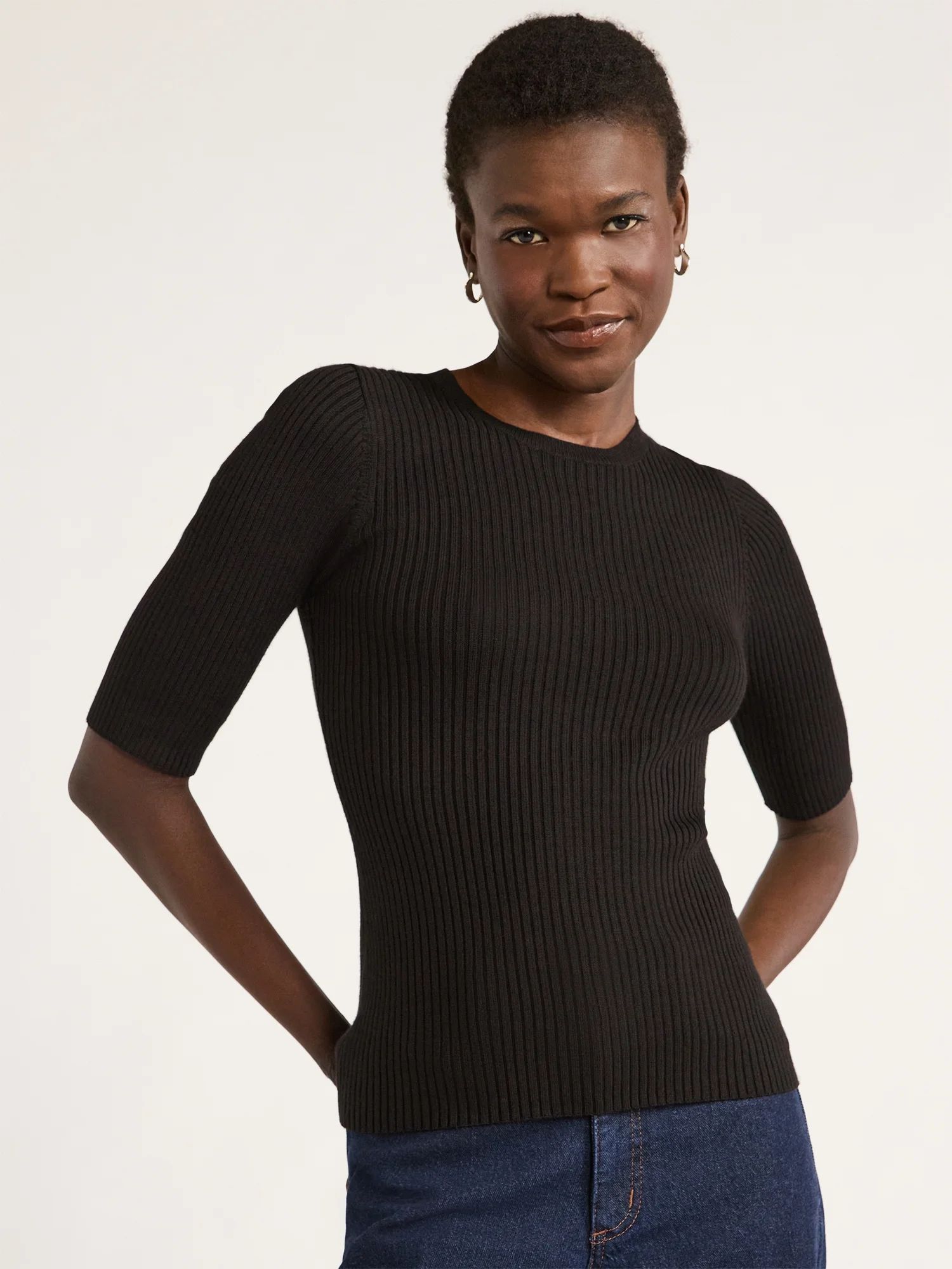 Scoop Women's Rib Knit Sweater with Elbow Length Sleeves, Lightweight, Sizes XS-XXL | Walmart (US)