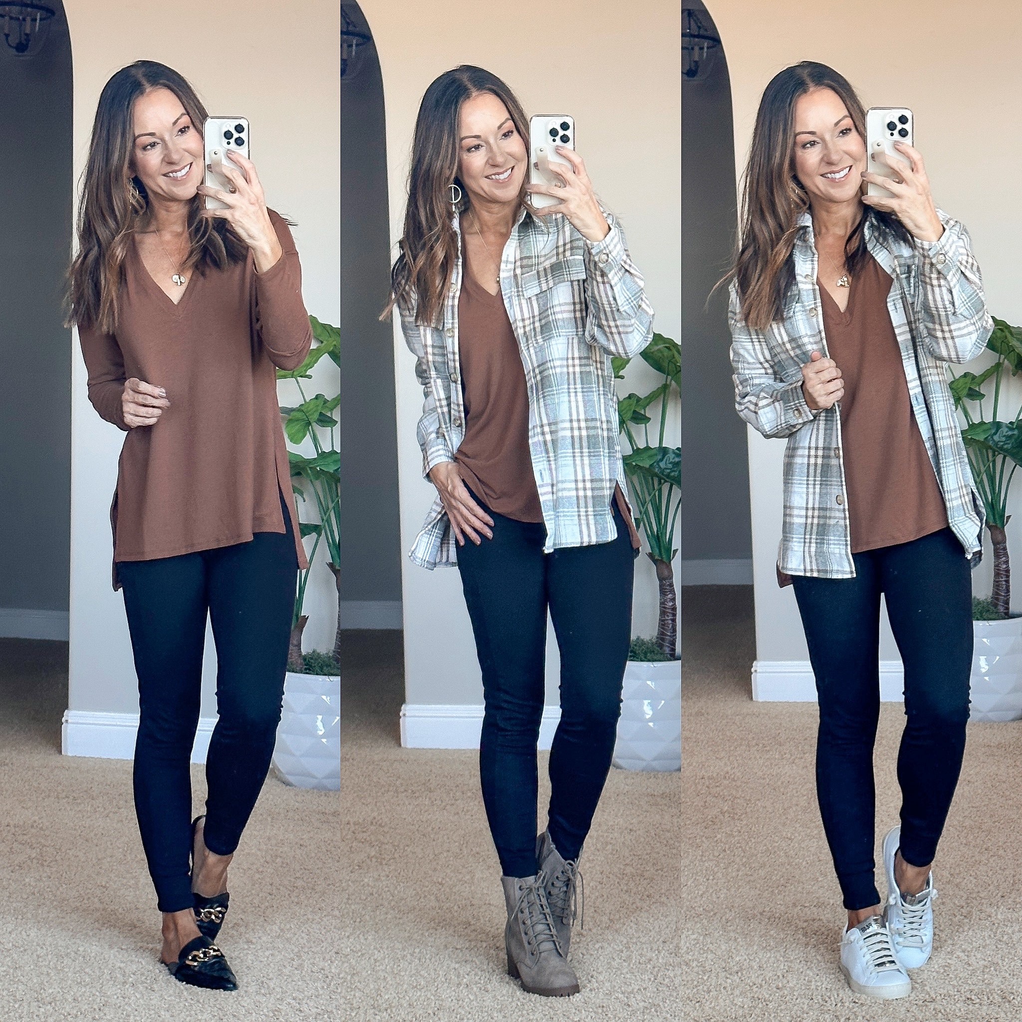 Easy fall outfits from @Gibsonlook save 10% code HOLLY10 • fall fashion perfect for the home office & weekends. leggings with pockets and jogger style hem xxs • ultrasoft, long sleeve, V-neck sweater knit top xxs • plaid Shacket. Xxs • P448 white sneakers TTS • black chain mules go up a 1/2 size. DM me for boots link  
#falloutfits #casualfallstyle #leggingsoutfits 

#LTKsalealert #LTKunder50 #LTKstyletip