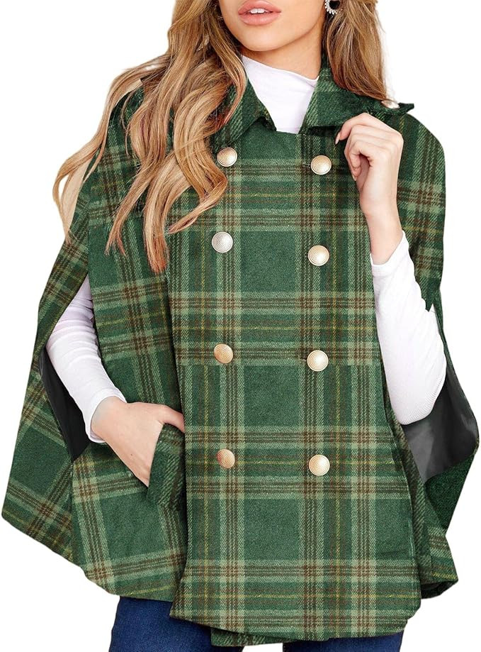 Womens Plaid Jacket Double Breasted Winter Cape Coats Turn Down Poncho with Pockets | Amazon (US)