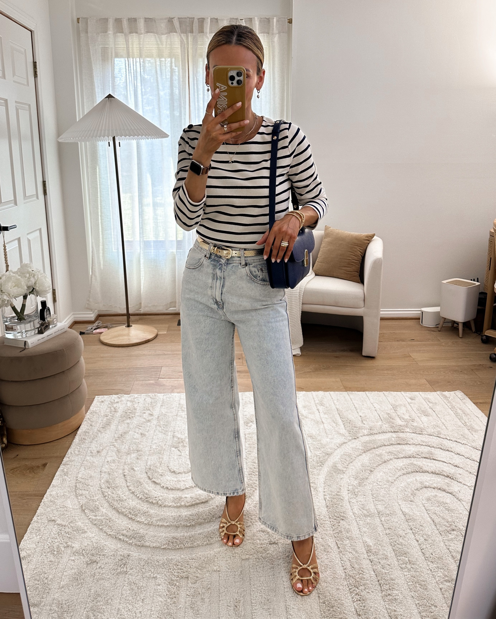 Streaked sweater xs in ecru/navy
Le crop jeans size 4
Gold accessories, belt size 75
Gold sandals are my favorite sandal purchase of this entire season! 
Milo classic bag fits so much and has an adjustable strap! Perfect summer outfit! 

#LTKstyletip #LTKSeasonal #LTKshoecrush