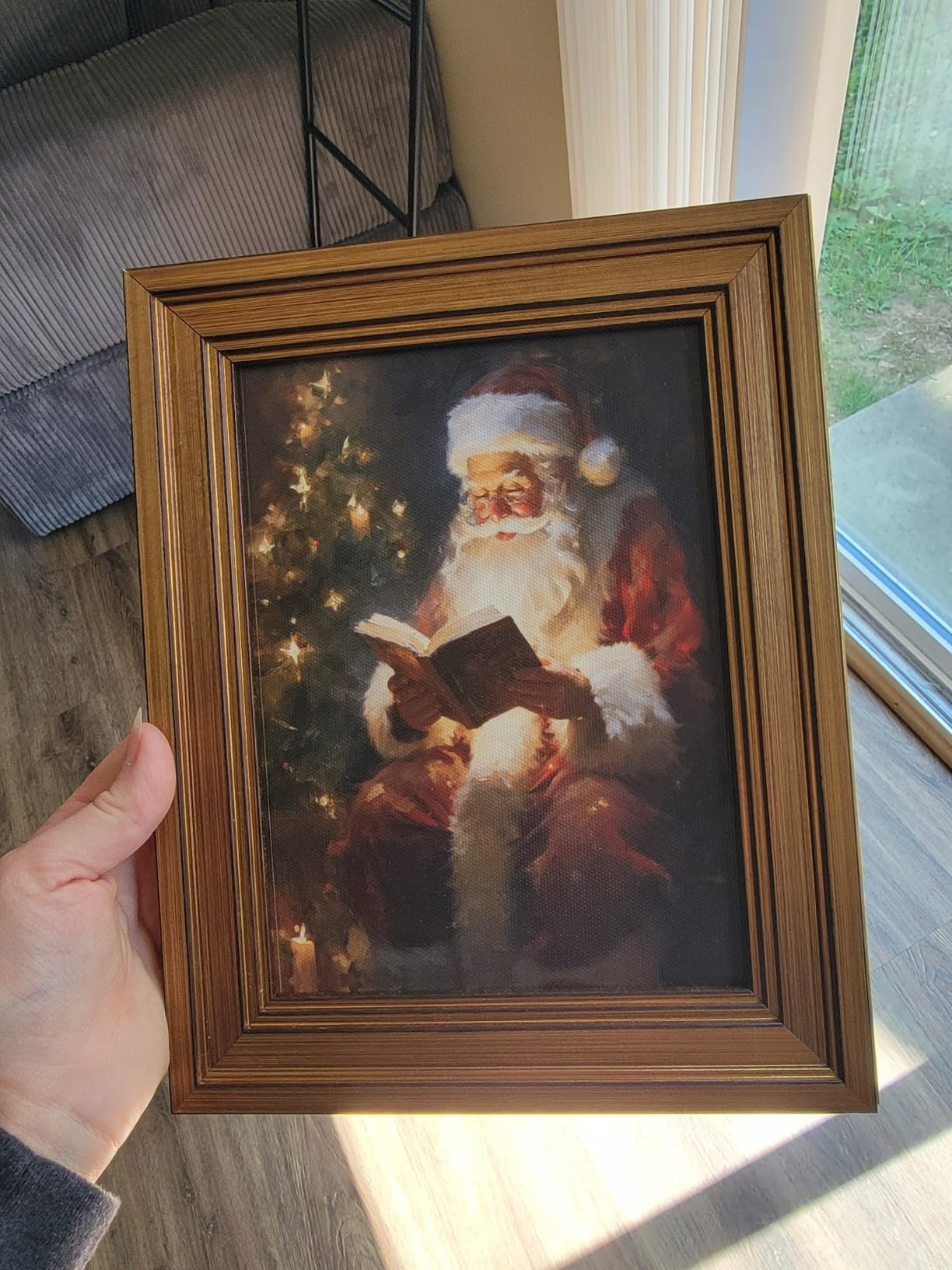 KBKBART Vintage Christmas Wall Art, Christmas Posters Decor Santa Reading Book Rustic Christmas Oil Painting, Gold Framed Canvas Wall Art Prints for Winter Room Art Decor, Cottagecore Decor, Holiday Decoration Gifts for Bedroom(8"x10") | Amazon (US)