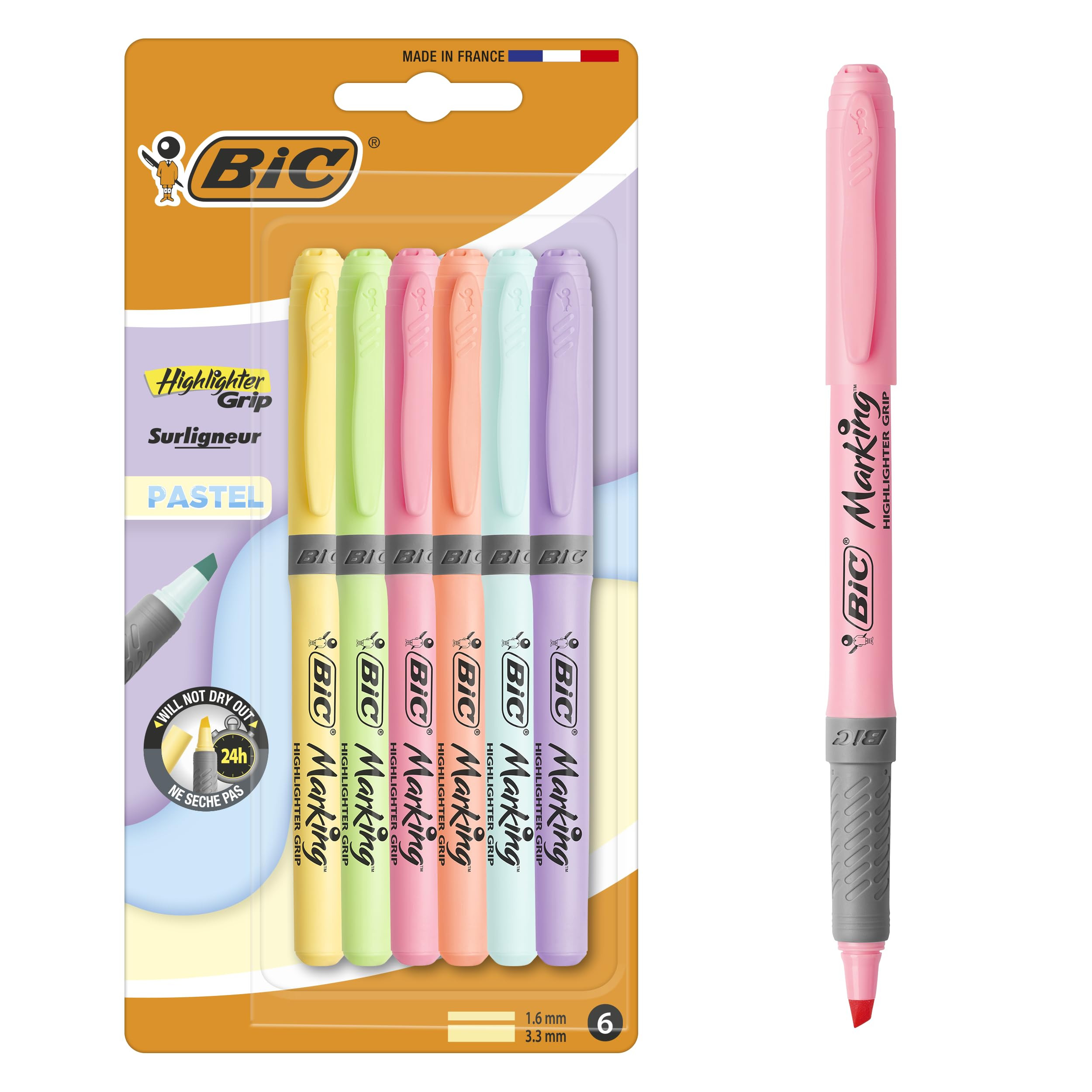 BIC Highlighter Grip Pastel, Highlighter Pens with Adjustable Chisel Tip, Rubber Grip for Extra Comfort, Assorted Colours, Pack of 6 | Amazon (US)